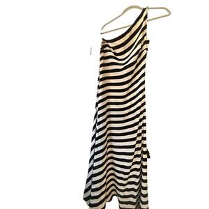 Silk One Shoulder Striped Dress Black White Asymmetrical Lauren Ralph Lauren 10